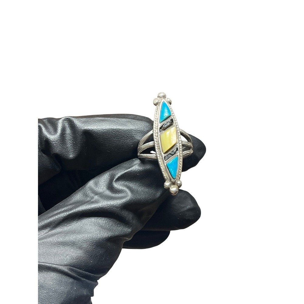 Vintage Southwestern Turquoise Yellow Shell Inlay Marquise Ring Sterling Silver